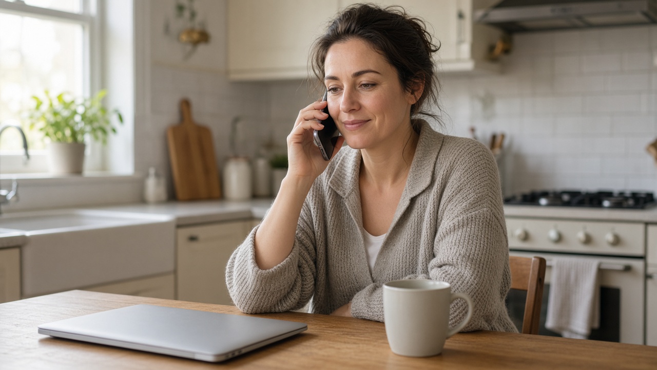 A woman at her kitchen table taking a call in the morning light