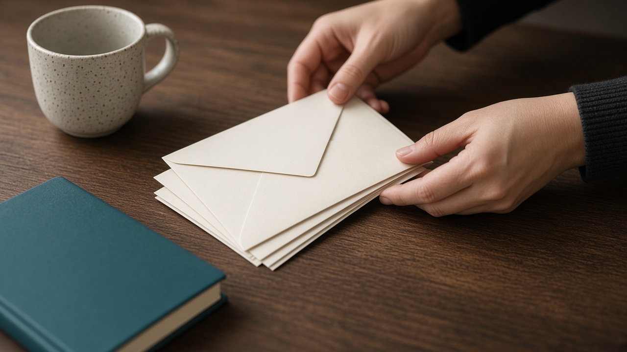 A desk with plain envelopes and a closed notebook