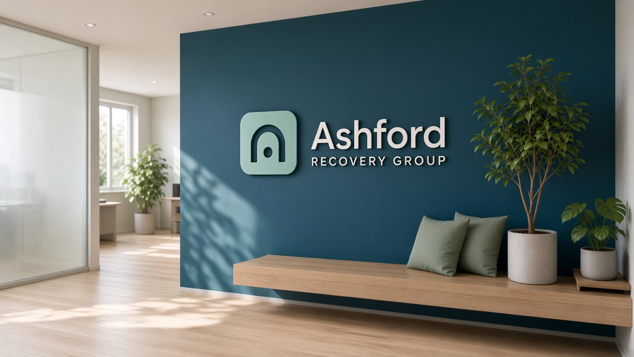 A quiet office reception with the Ashford Recovery Group sign mounted on a deep teal wall