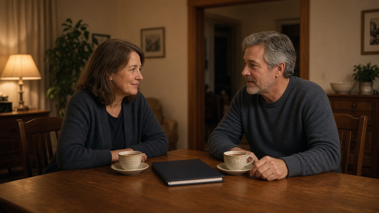 Two people talking at a dining table in the evening