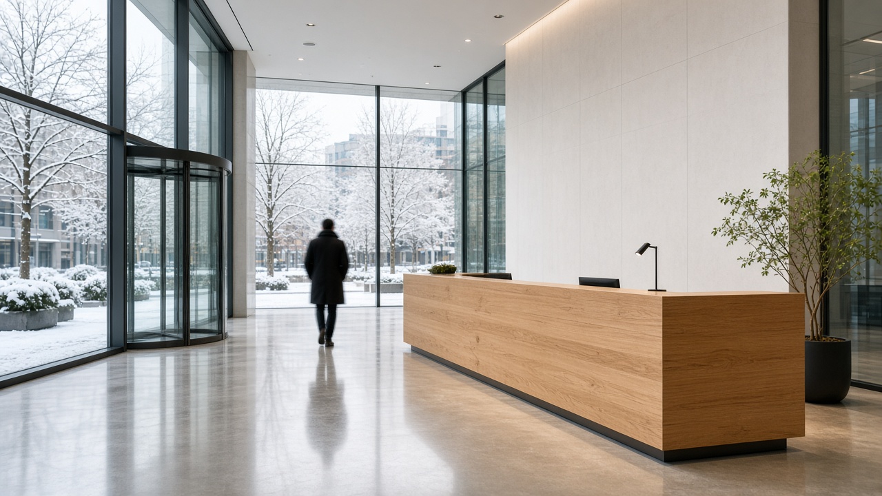 A bright office lobby with no signage